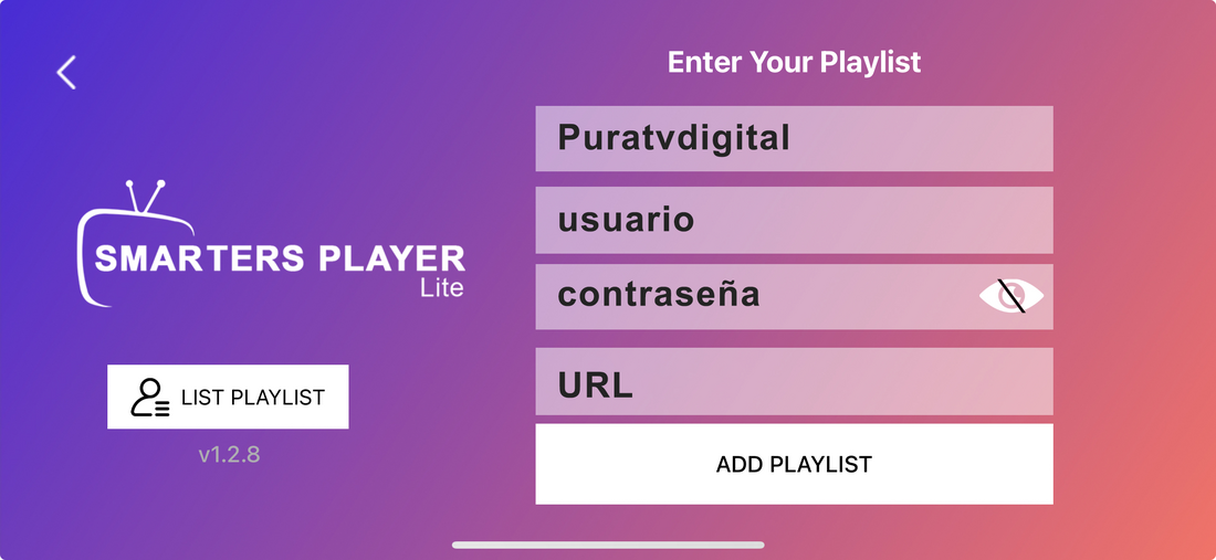 Pantalla de inicio de sesión con campos para usuario, contraseña y URL del servidor