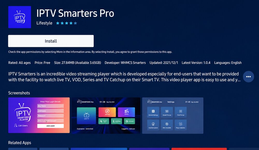 Ficha de IPTV Smarters Pro en la tienda de apps con el botón Instalar